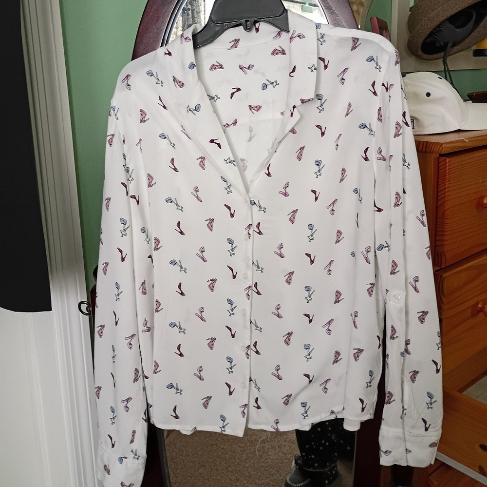 Chic White Blouse with Colorful Shoe Print